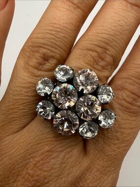 Vintage Silver Tone Large Rhinestone Cluster Cocktail Statement Ring Adjustable